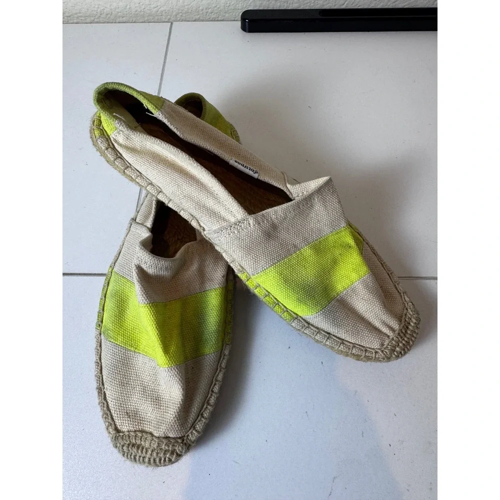 Soludos Espadrilles Shoes Women Size 7 Neon Yellow Stripe Canvas Flat Minimalist